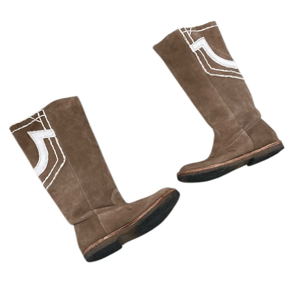 True Religion Tan Suede Knee-High Boots with White Logo - Picture 6 of 10